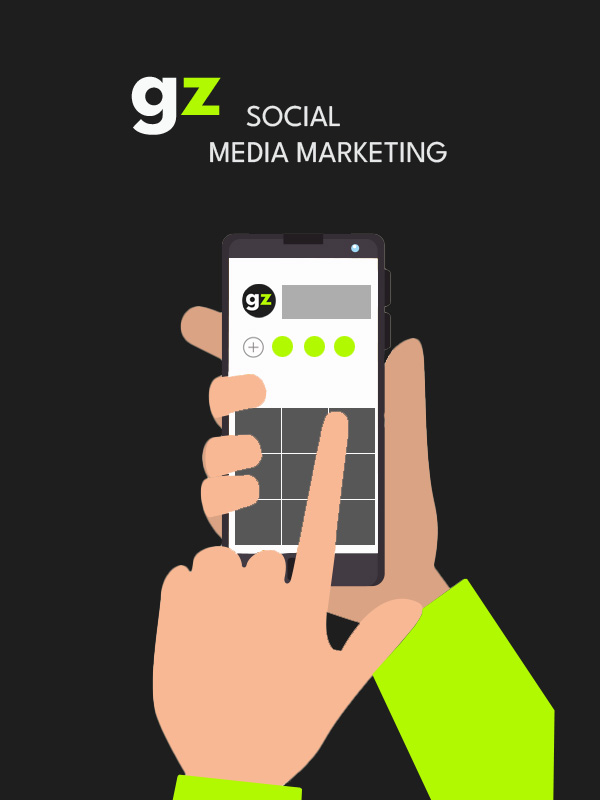 SocialMedia Marketing Grafik Hand mit Smartphone